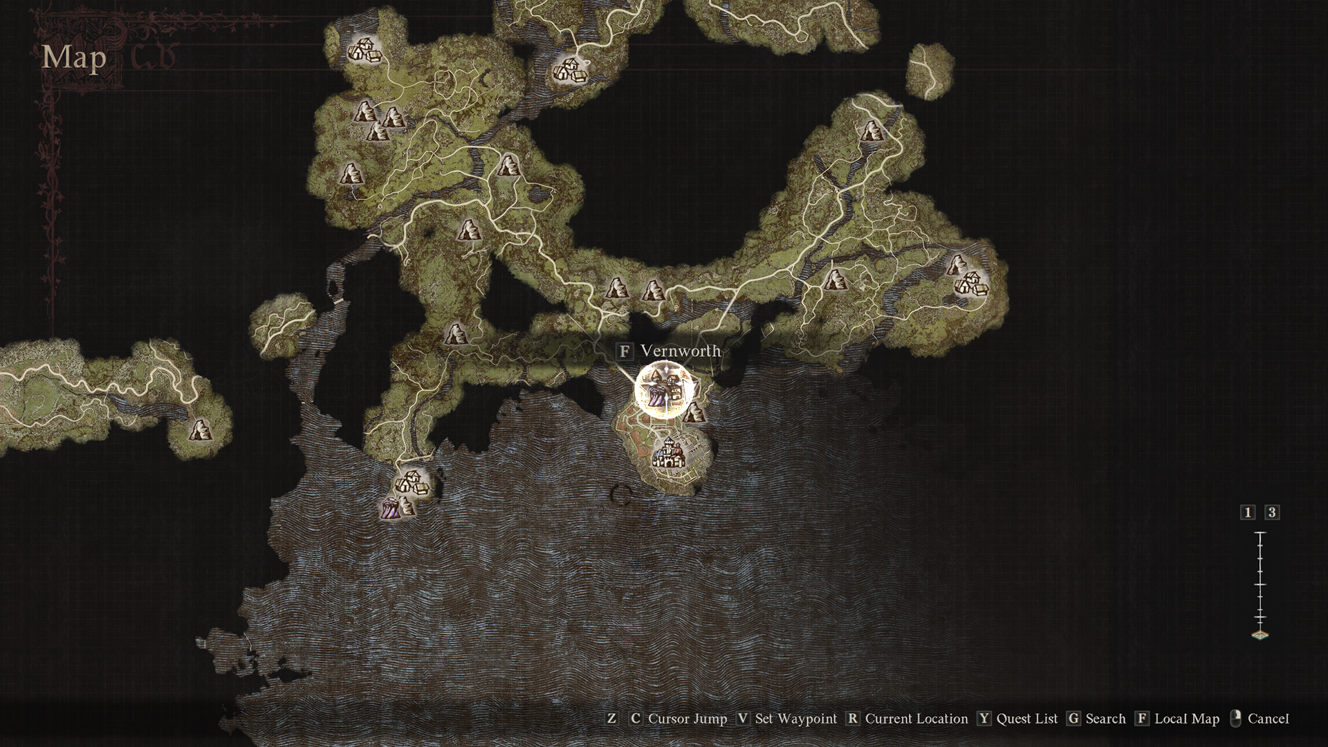 screenshot of the map of dragon's dogma 2 highlighting the location of rodericks smithy vernworth