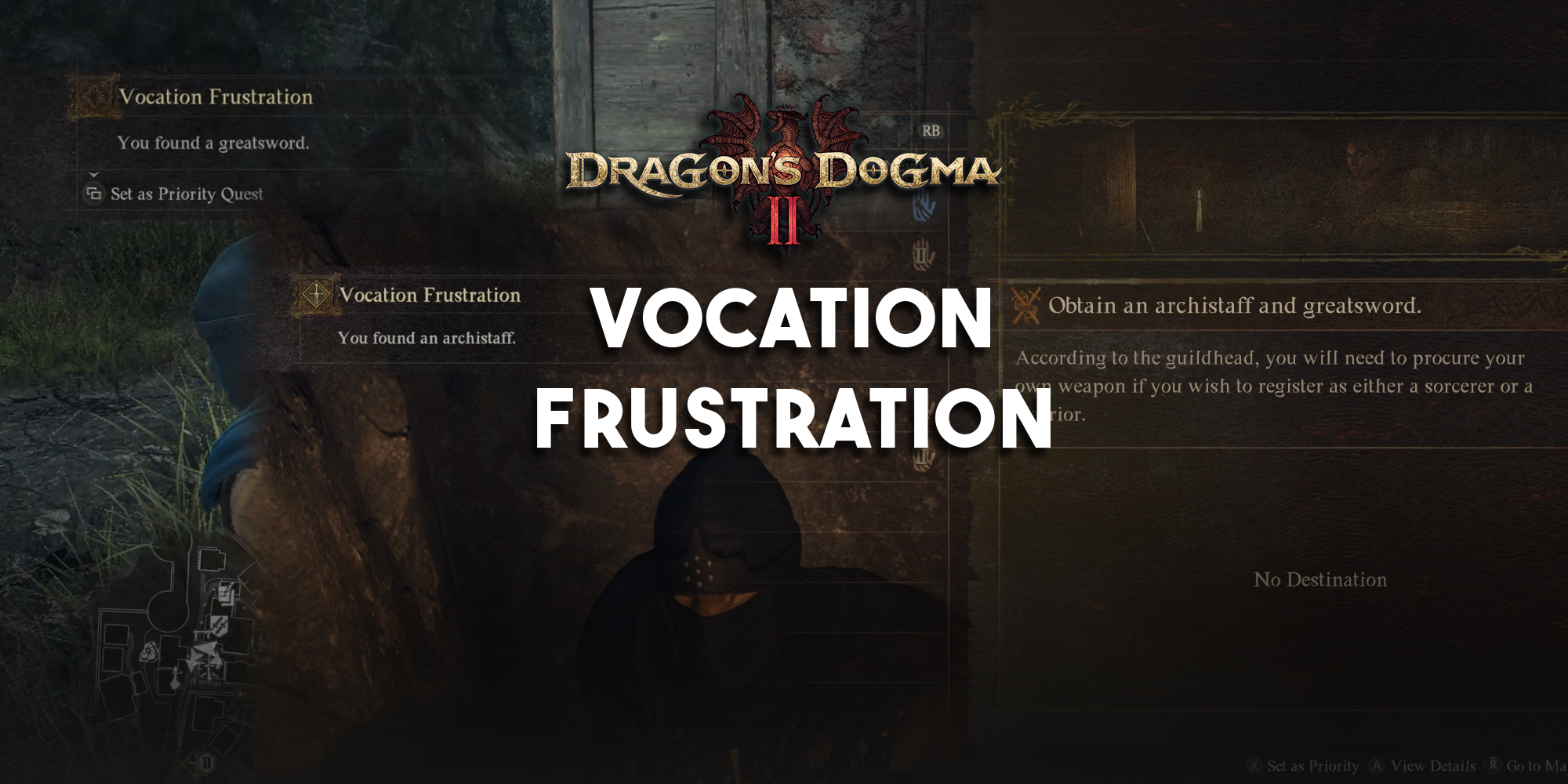an overlay of screenshtos from Dragon's Dogma 2 - find greatsword - find archistaff. title text: vocation frustration