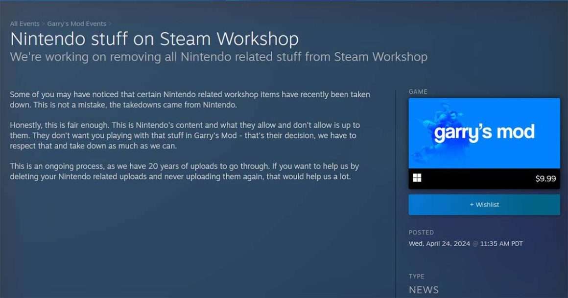 Nintendo Takes Down Garry’s Mod IP Related Workshop Items