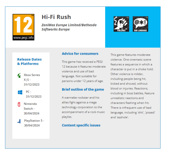 hi-fi rush rated for nintendo switch